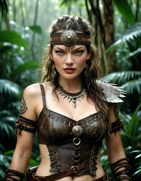 (milla jovovich), tribal warrior, masterpiece, Jungle in the background, cowboy shot, dark fantasy, Intricate, Very detailed, by...