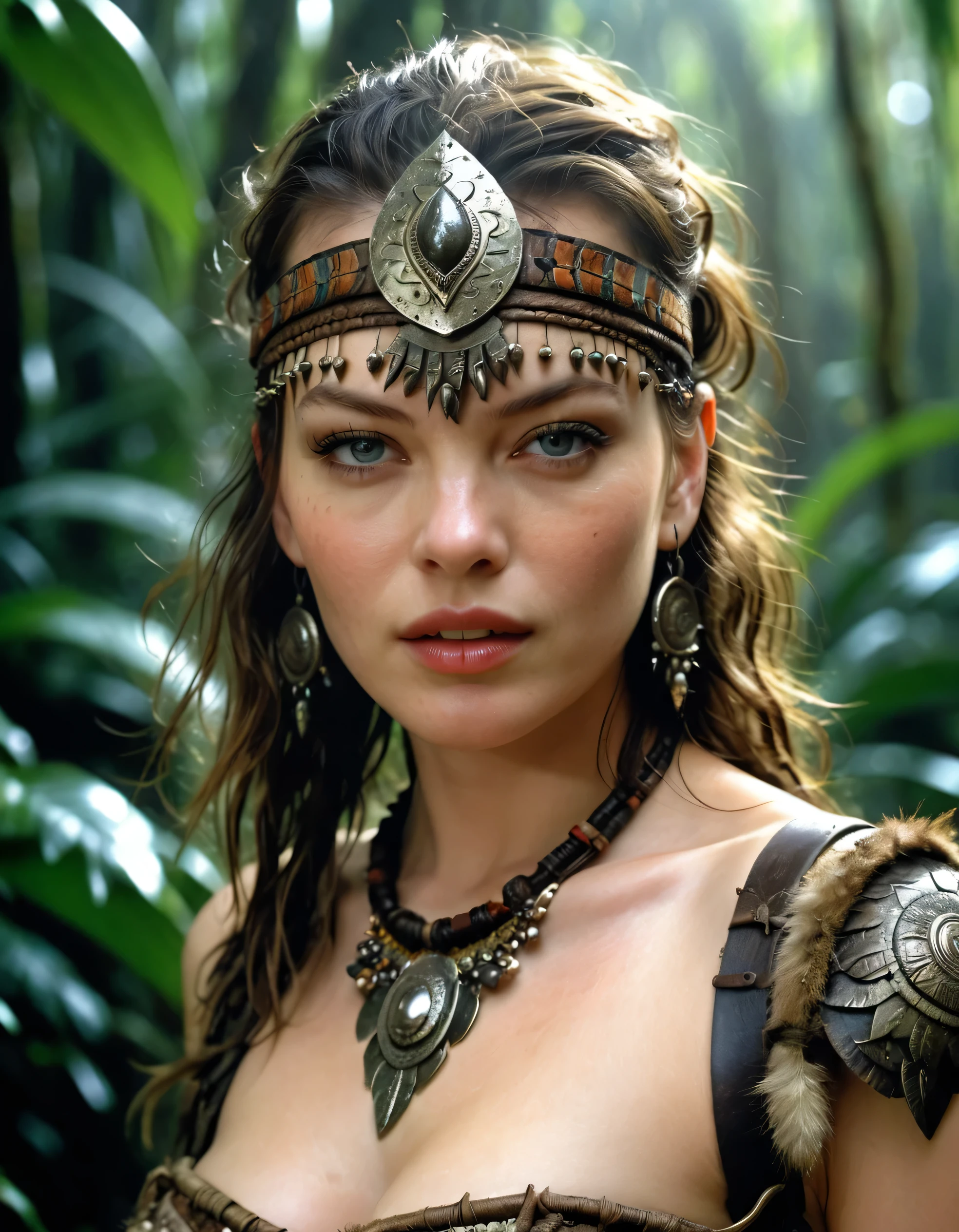 (milla Jovovich), guerrero tribal, obra maestra, Selva al fondo, tiro de vaquero, Fantasía oscura, Intrincado, Muy detallado, by Luis Royo. 1 chica, (alta definición, fondo de pantalla 8k, alta resolución), iluminación cinematográfica, galardonado, Piel extremadamente detallada, Cara extra detallada, ojos de alto detalle, Fotorrealista, Zeiss 85 mm F/1.4, por Ellen von Unwerth