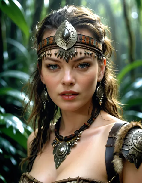 (milla jovovich), tribal warrior, masterpiece, jungle in the background, cowboy shot, dark fantasy, intricate, very detailed, by...