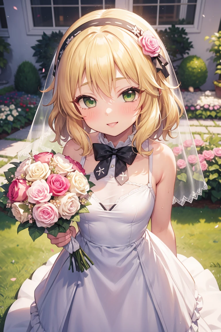 masterpiece,Highest quality, Super detailed,One girl(Sakurai Momoka, Adorable little breasts, Wavy Hair, Blonde, head band, Pink flowers in the hair,Green Eyes), A face in love,  Cute smile, Part your lips, nose blush, blush, In-person audience , View your viewers, Tilt your head, alone,  White Wedding Dress, Frills, Veil,  Grab the bouquet,  in the garden, Are standing, Seduce your sexy waist 