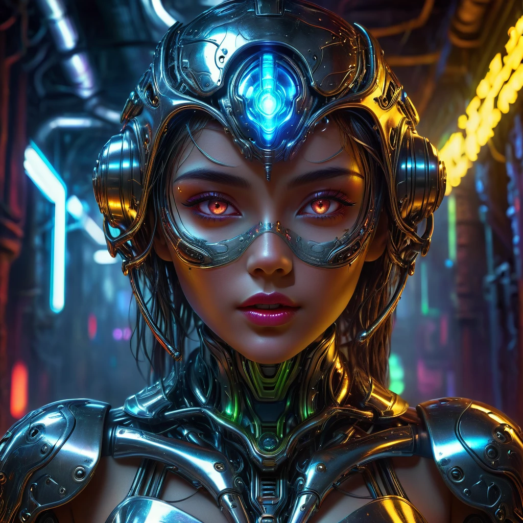 1 liquid metal humanoid, detailed metal face, beautiful metal eyes, detailed metal lips, beautifully detailed metal woman, intricate armor, gorgeous futuristic dungeon environment, glowing neon lights, highly detailed, 8k, photorealistic, dramatic lighting, cinematic composition, vibrant colors, dark and gloomy atmosphere, techno-organic, sci-fi, cyberpunk