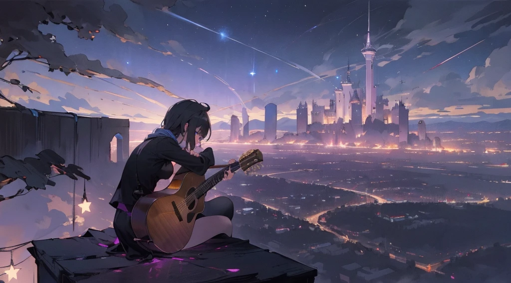 masterpiece,night,(dark alley),star、Night Sky、Overlooking the city、milky way、Back view、octone、
(1 girl), (solo), Knee hugging sitting，acousticguitar