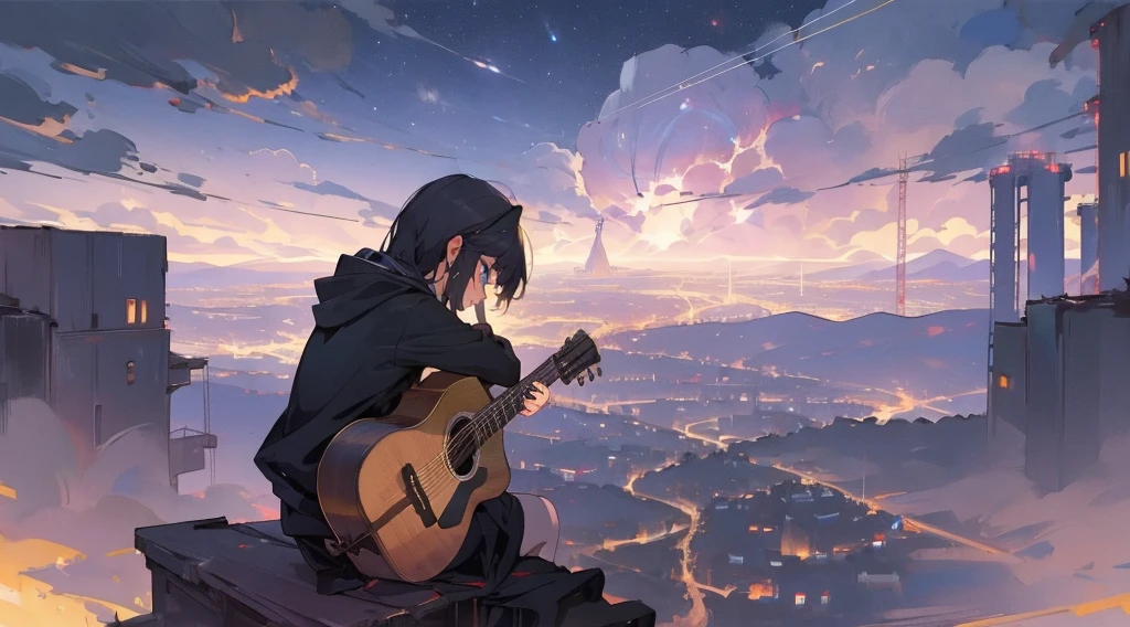 masterpiece,night,(dark alley),star、Night Sky、Overlooking the city、milky way、Back view、octone、
(1 girl), (solo), Knee hugging sitting，acousticguitar