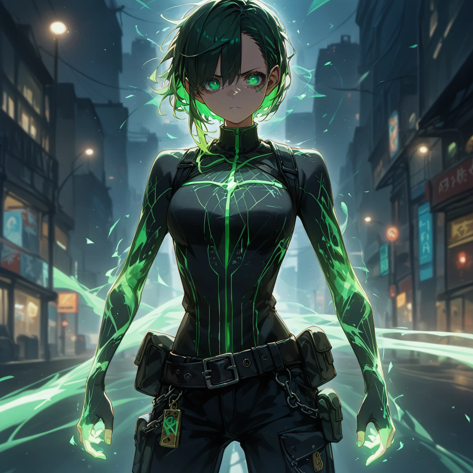 a girl with Slim, athletic build,Short, edgy hair with streaks of neon green,Intense, glowing green eyes,Fitted, (nude:0.9), NSFW, dark top with glowing green circuitry,standing in front of a city,Sleeveless or short-sleeved, showcasing glowing energy patterns on her arms,High-tech harness with energy nodes,Fingerless gloves with energy conduits,Dark, fitted pants with utility pockets,Belt with energy capsules and gadgets,Confident, determined expression,Energetic aura surrounding her hands and body, detailed gorgeous face| anime style| key visual| intricate detail| highly detailed| breathtaking| vibrant| panoramic| cinematic| Carne Griffiths| Conrad Roset| gibbli 8k