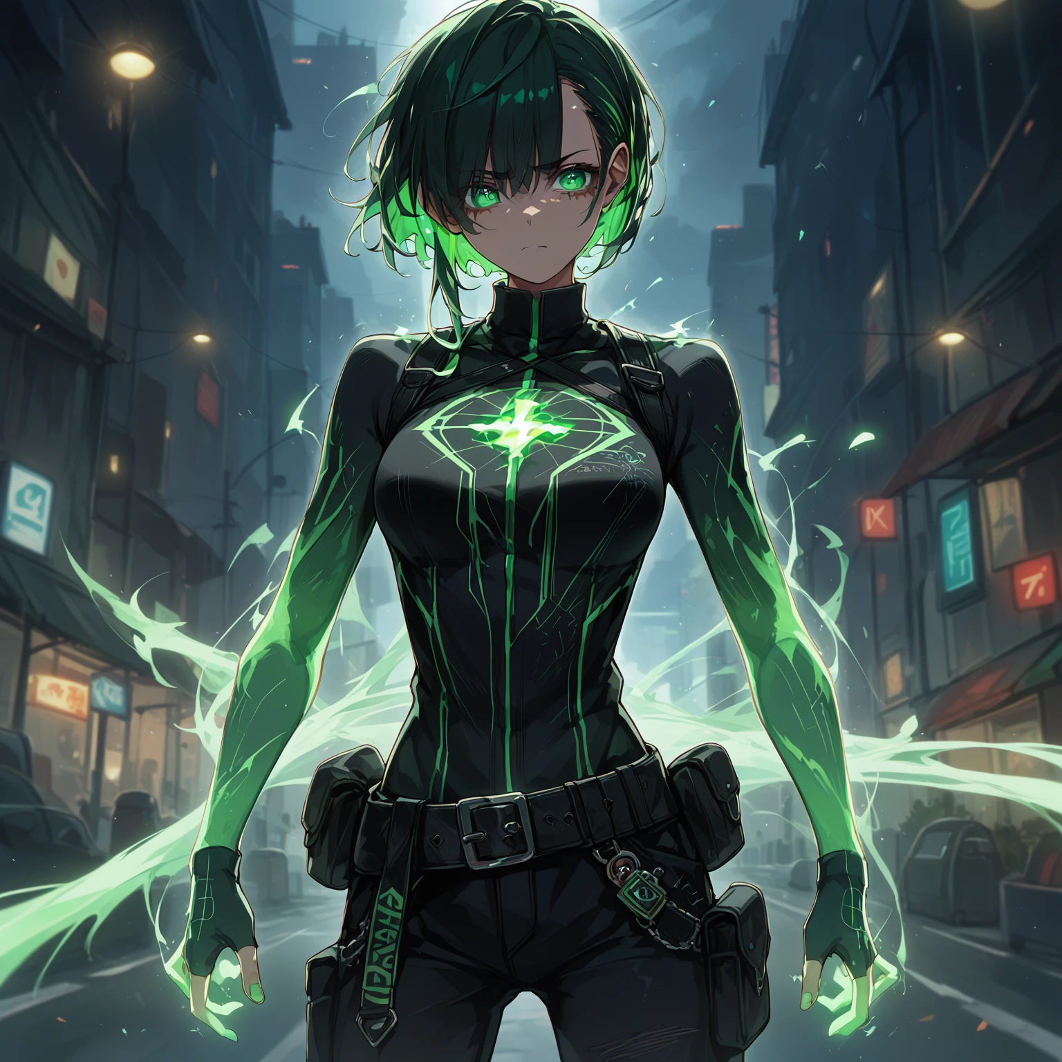 a girl with Slim, athletic build,Short, edgy hair with streaks of neon green,Intense, glowing green eyes,Fitted, (nude:0.9), NSFW, dark top with glowing green circuitry,standing in front of a city,Sleeveless or short-sleeved, showcasing glowing energy patterns on her arms,High-tech harness with energy nodes,Fingerless gloves with energy conduits,Dark, fitted pants with utility pockets,Belt with energy capsules and gadgets,Confident, determined expression,Energetic aura surrounding her hands and body, detailed gorgeous face| anime style| key visual| intricate detail| highly detailed| breathtaking| vibrant| panoramic| cinematic| Carne Griffiths| Conrad Roset| gibbli 8k