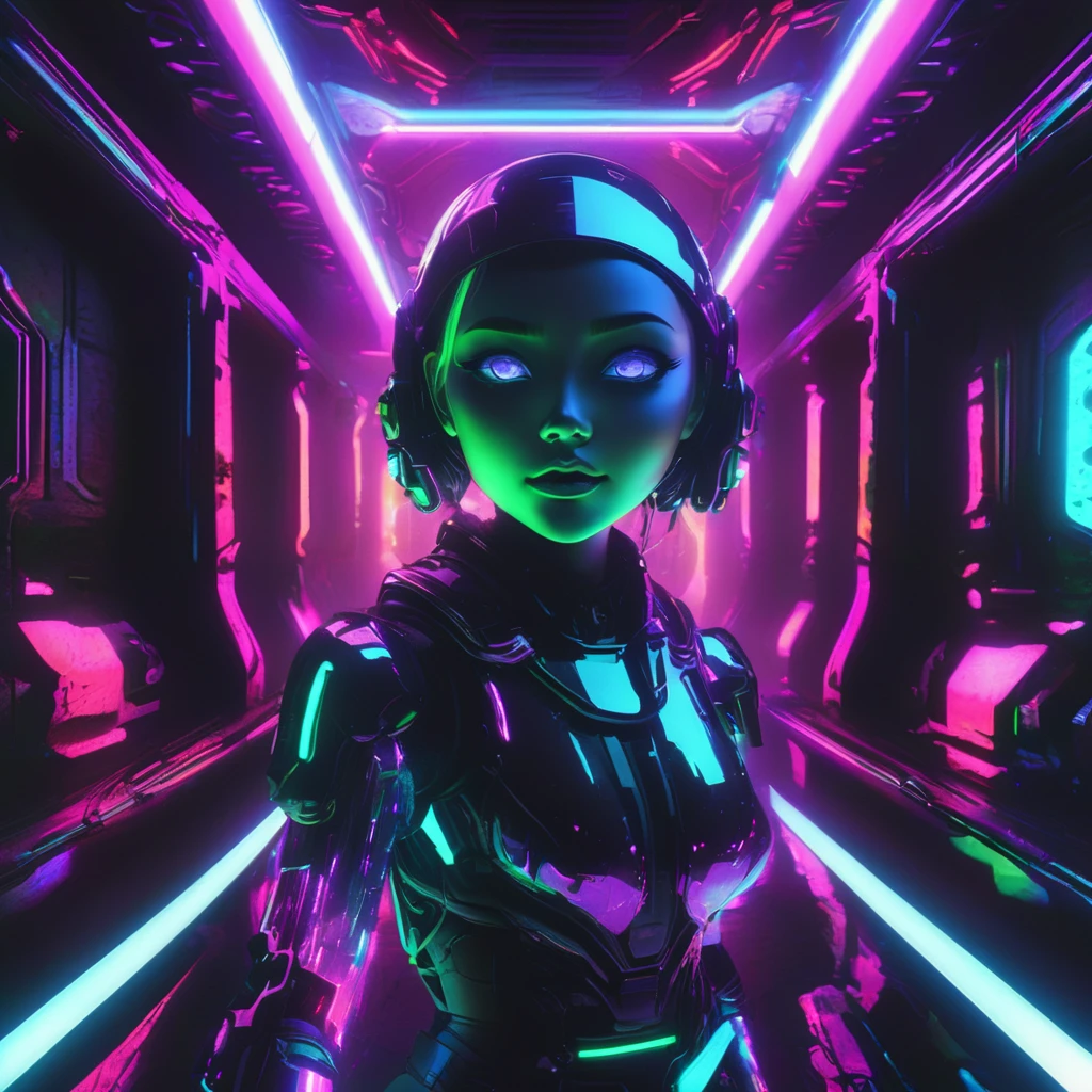  1 Metal Slime、Detailed metal face、Beautiful metal eyes、Detailed metal lips、Beautifully detailed metal woman、Complex Armor、Gorgeous futuristic dungeon environments、Shining neon lights、Very detailed、8k、Photorealistic、Dramatic lighting、Cinematic composition、Bright colors、Dark and gloomy atmosphere、Techno-Organic、sf、cyber punk