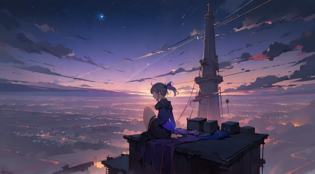 masterpiece,night,(dark alley),star、Night Sky、Overlooking the city、milky way、Back view、octone、
(1 girl), (solo), Knee hugging sitting，acousticguitar