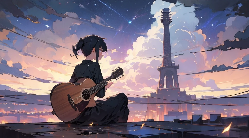 masterpiece,night,(dark alley),star、Night Sky、Overlooking the city、milky way、Back view、octone、
(1 girl), (solo), Knee hugging sitting，acousticguitar