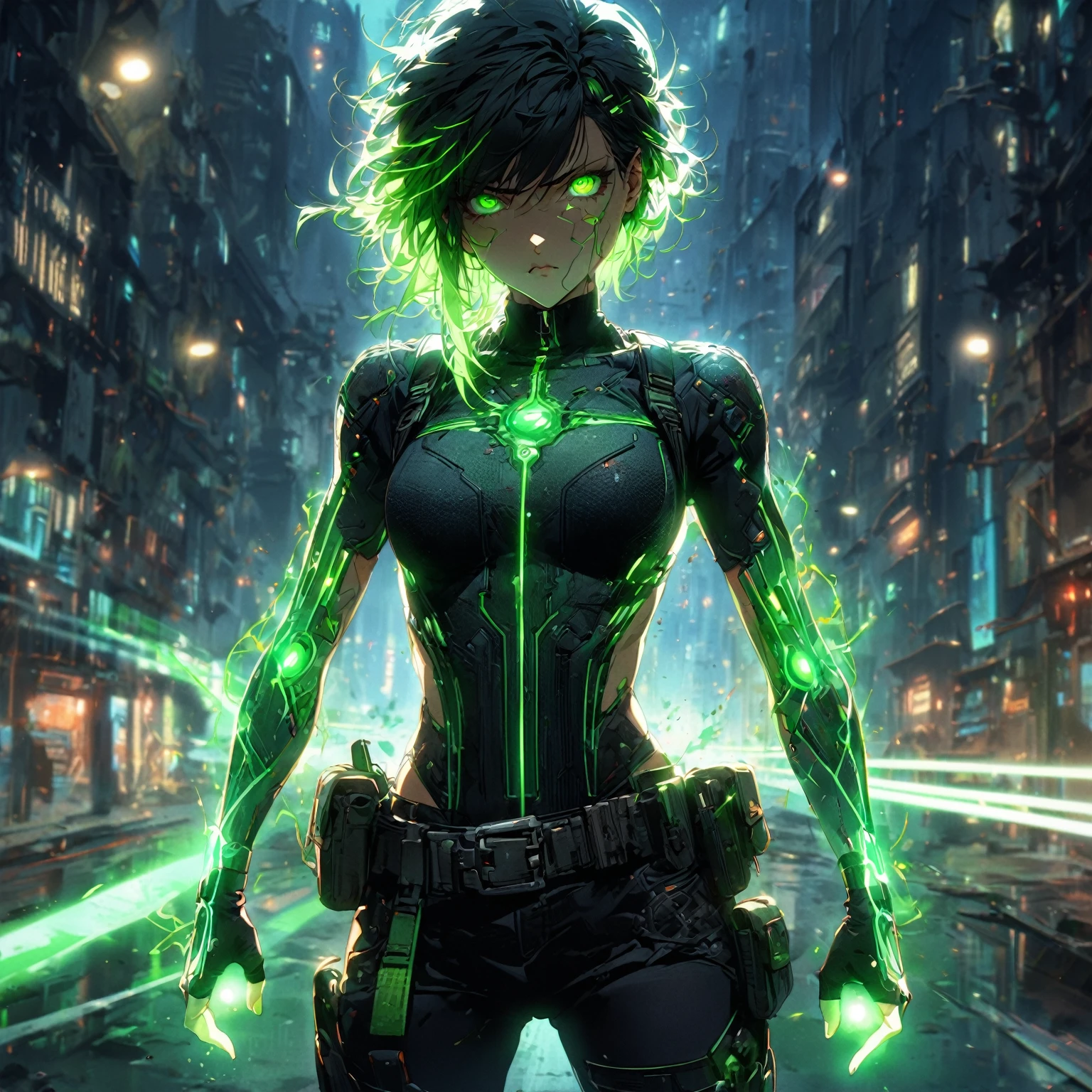 a girl with Slim, athletic build,Short, edgy hair with streaks of neon green,Intense, glowing green eyes,Fitted, (nude:0.9), NSFW, dark top with glowing green circuitry,standing in front of a city,Sleeveless or short-sleeved, showcasing glowing energy patterns on her arms,High-tech harness with energy nodes,Fingerless gloves with energy conduits,Dark, fitted pants with utility pockets,Belt with energy capsules and gadgets,Confident, determined expression,Energetic aura surrounding her hands and body, detailed gorgeous face| anime style| key visual| intricate detail| highly detailed| breathtaking| vibrant| panoramic| cinematic| Carne Griffiths| Conrad Roset| gibbli 8k