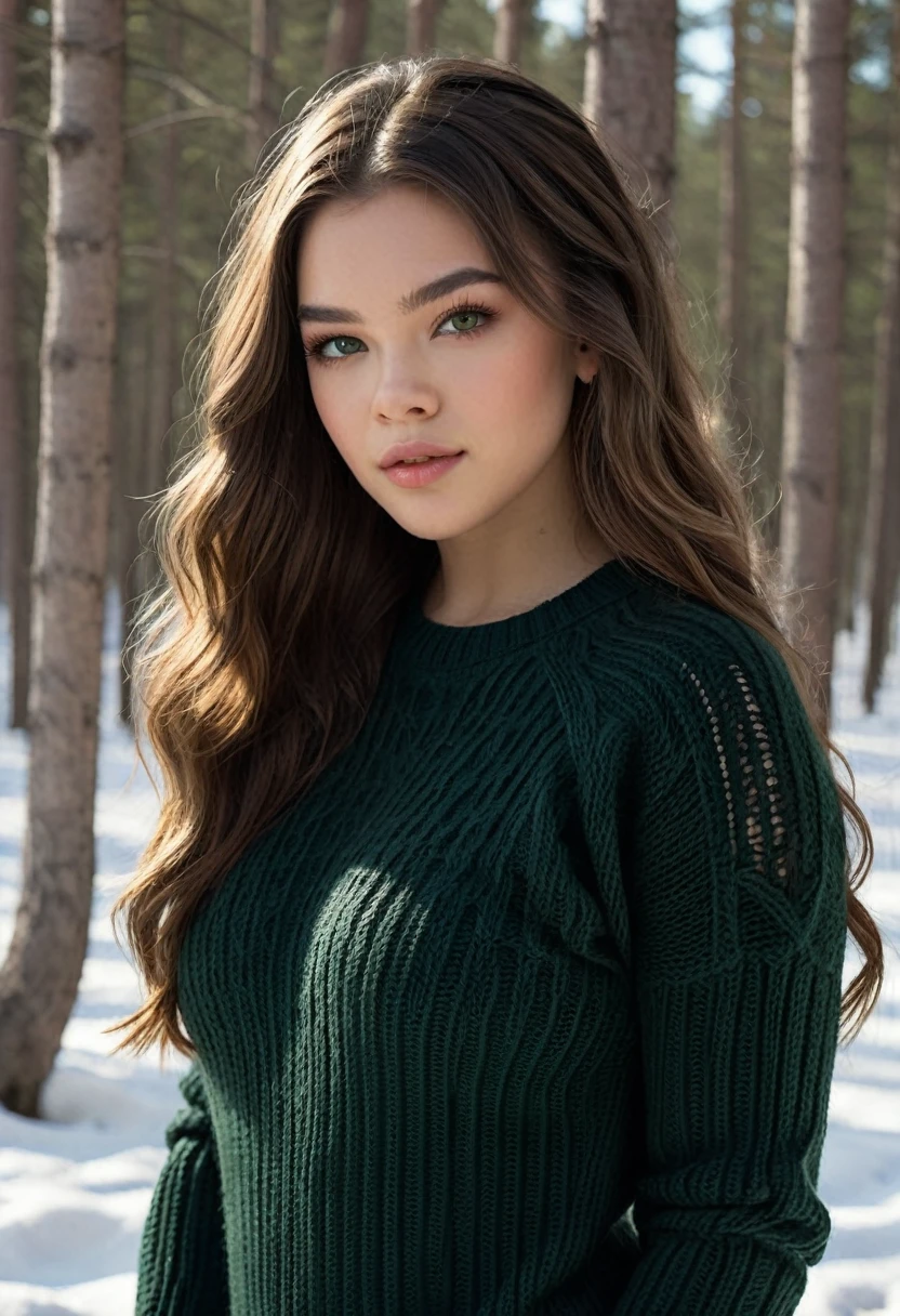 Foto detallada y realista tomada por mexicano.., Ojos verdes redondos, Cabello largo y exuberante,  hailee steinfeld, disparo desde fuera, suéter de punto negro, pechos grandes y hermosos, textura de la piel, (tiro de cuerpo completo:1.3), labios agrietados, iluminación natural suave, lente de 85 mm, fotografía mágica, iluminación dramática, realismo fotográfico, Ultra detallado, composición íntima, cinestill 800t, ((((visión científica)))), Tonos calmantes, Iluminación de contorno, fondo del bosque de invierno