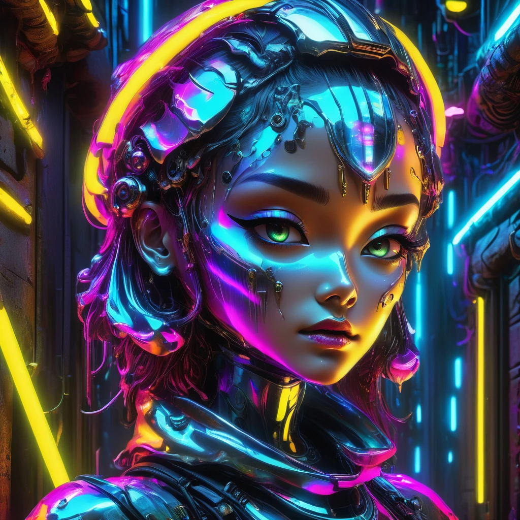  1 Metal Slime、liquid metal、Detailed metal face、Beautiful metal eyes、Detailed metal lips、Beautifully detailed metal woman、Complex Armor、Gorgeous futuristic dungeon environments、Shining neon lights、Very detailed、8k、Photorealistic、Dramatic lighting、Cinematic composition、Bright colors、Dark and gloomy atmosphere、Techno-Organic、sf、cyber punk