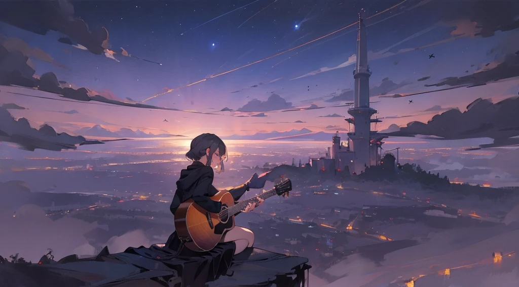 masterpiece,night,(dark alley),star、Night Sky、Overlooking the city、milky way、Back view、octone、
(1 girl), (solo), Knee hugging sitting，acousticguitar