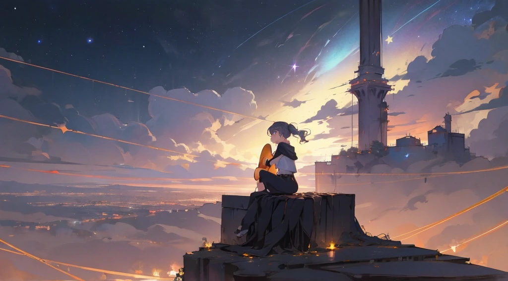 masterpiece,night,(dark alley),star、Night Sky、Overlooking the city、milky way、Back view、octone、
(1 girl), (solo), Knee hugging sitting，acousticguitar