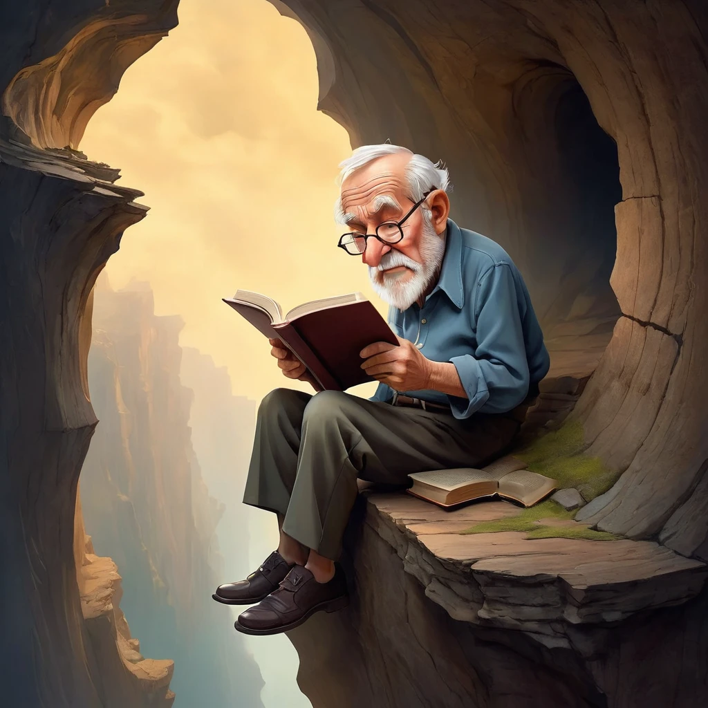 Caricature of an old man reading a book on the edge of an abyss