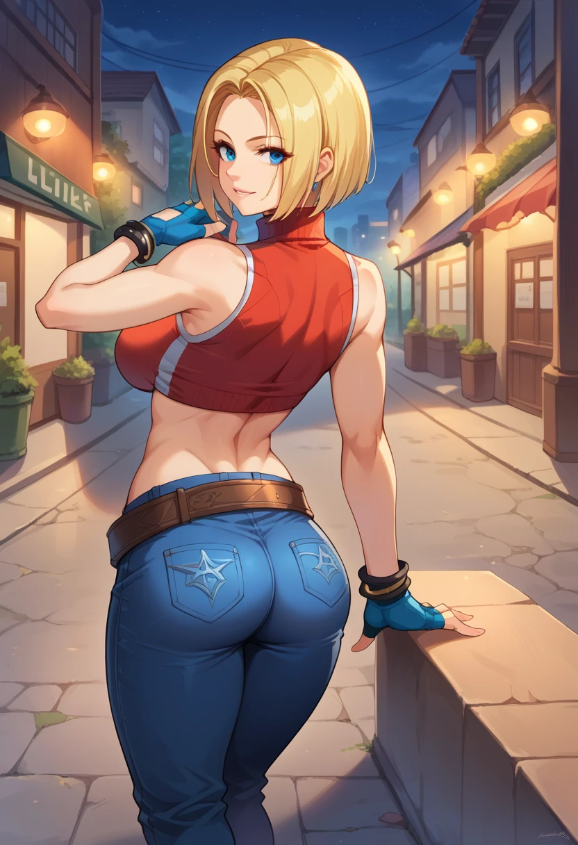 score_9, score_8_up, score_7_up, 1girl, solo, BlueMary, short hair, blue eyes,pants, crop top, turtleneck, belt, large breasts, fingerless gloves, standing, standing,  lying on stomach, ass, flirtatious smile, looking at you, night, street,  illimunated city, from behind
