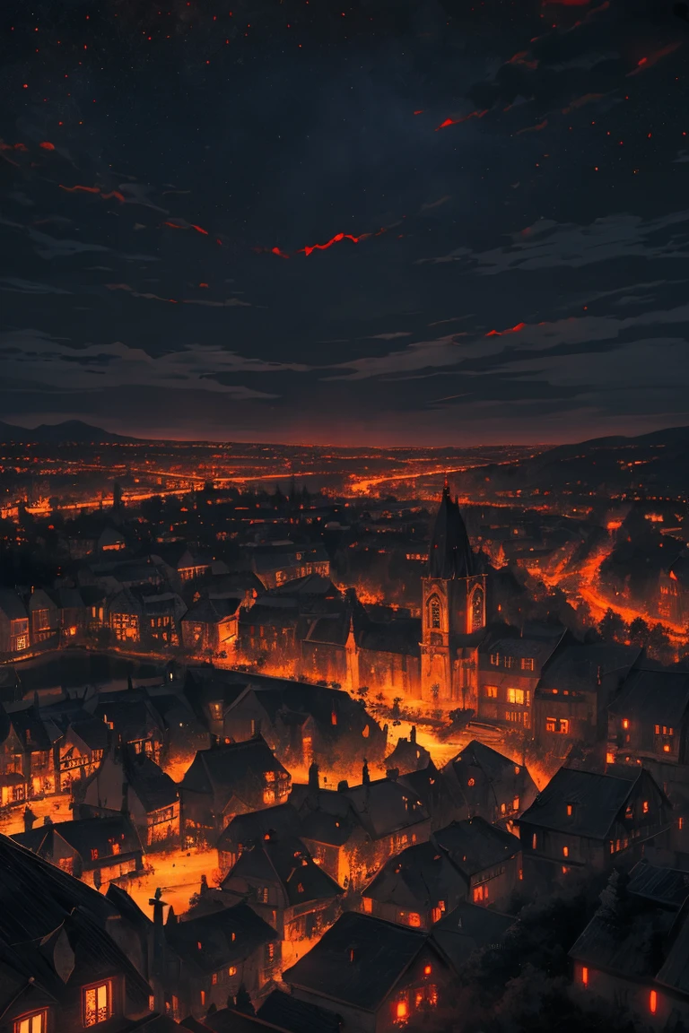 old European village shot with bird view, (Red glowing eyes), masterpiece, Depth of written boundary, Lutz, Gwaites style artwork, Gothic aesthetics, Dark Vampire village, ((in the dark gothic style cathle:1)), ((dark mid-night time:1.5)),