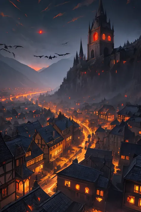 old European village shot with bird view, (Red glowing eyes), masterpiece, Depth of written boundary, Lutz, Gwaites style artwor...