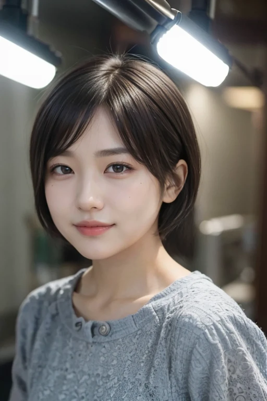 (Moody Lighting:1.3), 8k, RAW photo, best quality, masterpiece, realistic, photo-realistic, clear, beautiful face, no makeup, best quality, ultra high res, BREAK, Japanese cute girl, 14 years old, (very short cut hair:1.2), smile, 