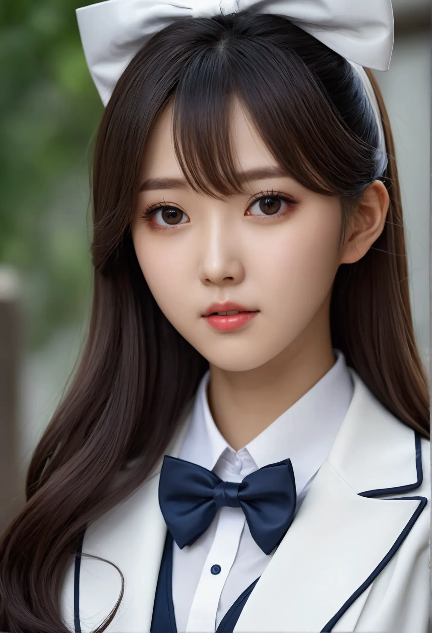 there is a long-haired woman wearing a white jacket and a bow tie, korean girl, realistic young anime girl, chinese girl, anime ...