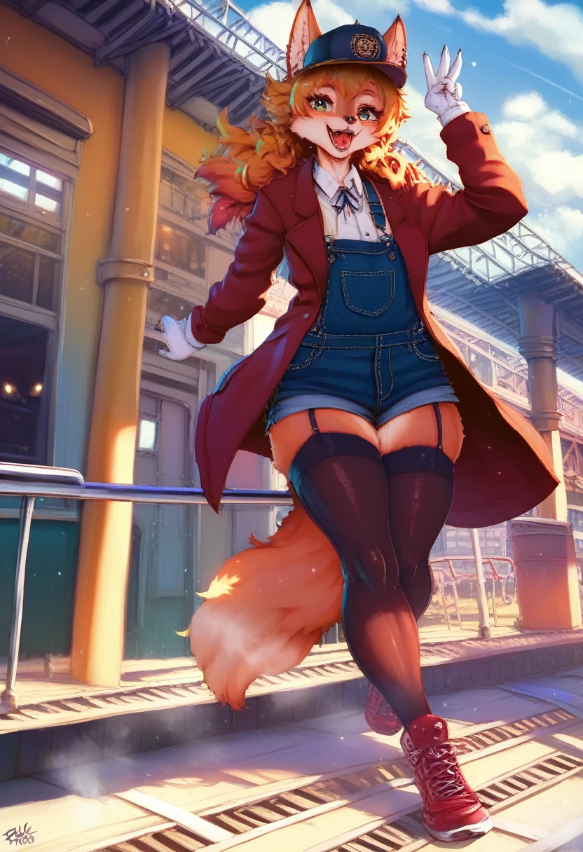 a kemono wolf woman, train driver, wearing a red train driver's hat, red coat, black overalls, white gloves, black stockings, red shoes, controlling a steam train, happy, highly detailed,HDR, 8k, masterpiece, intricate details, dynamic lighting, vibrant colors, cinematic composition, dramatic atmosphere, steam locomotive, rail tracks, train station, detailed facial features, piercing eyes, expressive emotions, striking pose, dynamic action