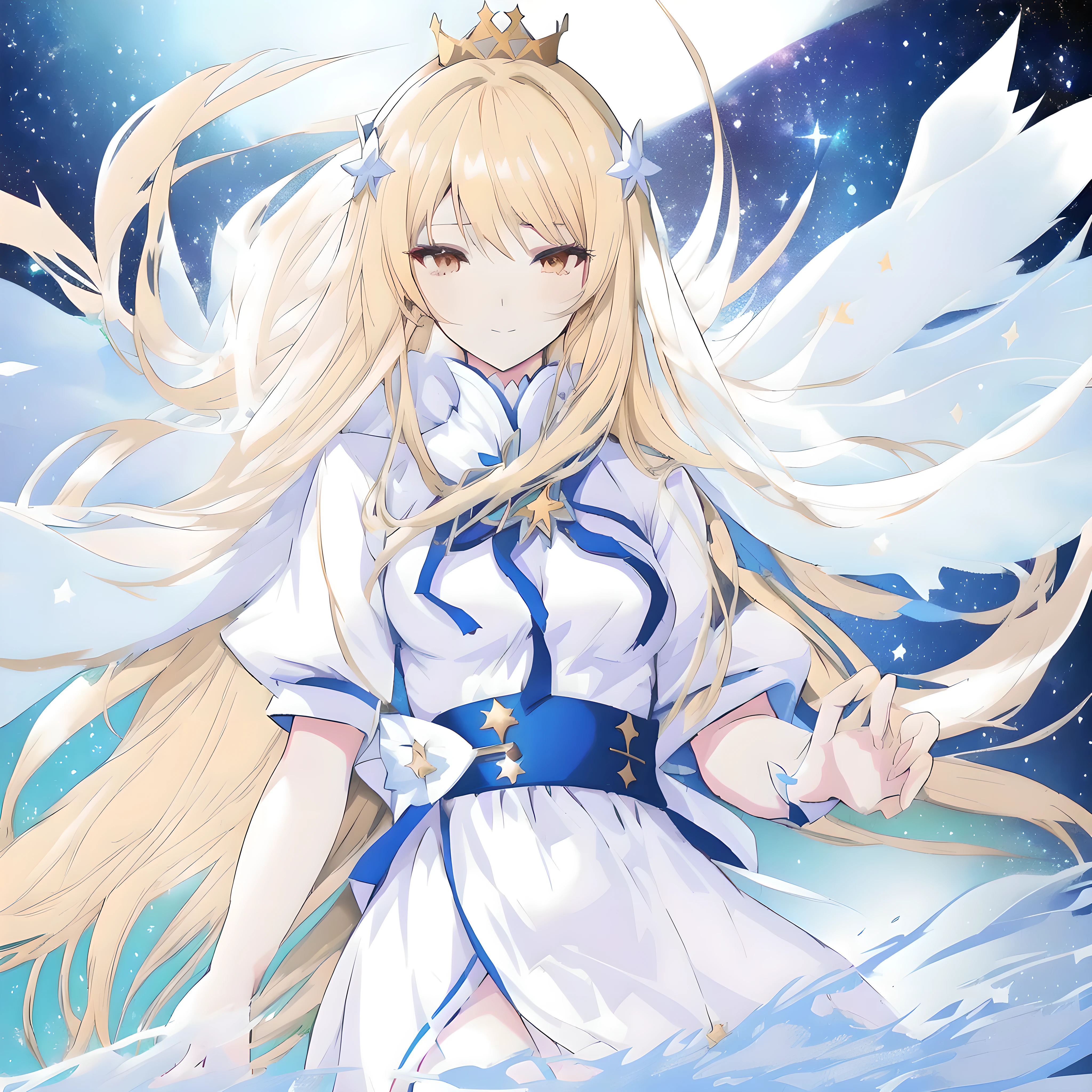 anime woman with long blonde hair and a white dress standing in the middle of a sea of stars, anime splash, anime goddess, visual anime of a cute girl, blonde adult woman with long hair, daytime ethereal anime, greek dress, Marisa Kirisame, official art, star crown