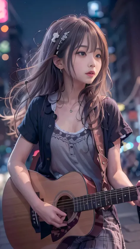 Singing on a street corner at night,A fragile singer,Tsurime,Detailed face，Detailed face，Cool color makeup,People who cry when t...