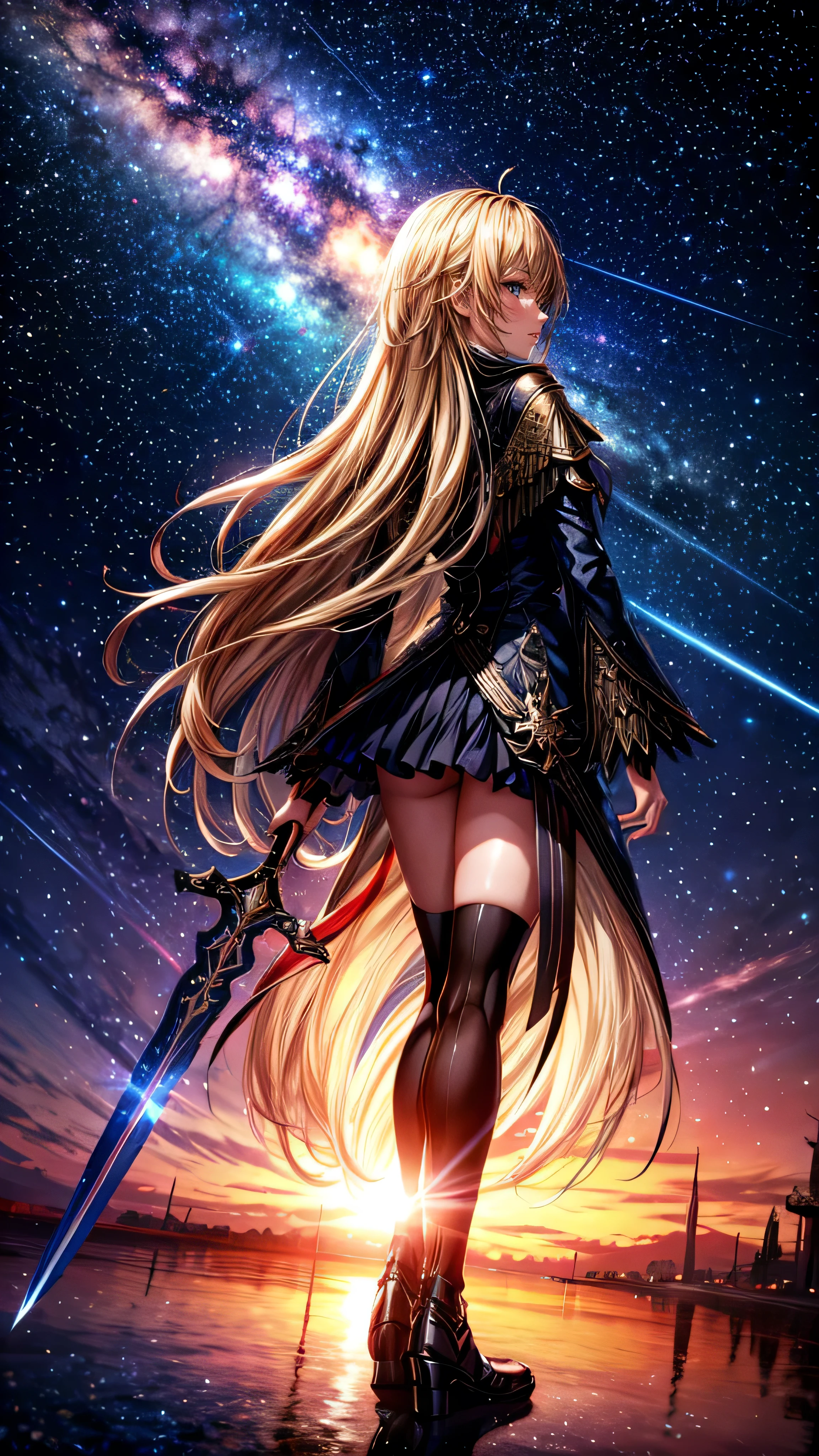 céu estrelado，１pessoas々,　cabelo loiro longo，casaco longo，espada，Silhueta， visão traseira，céu espacial, estilo anime,obra de arte,melhor qualidade,ultra detalhado,alta resolução,Retrato 8K,papel de parede da unidade 8k,extremely detailed CG papel de parede da unidade 8k
