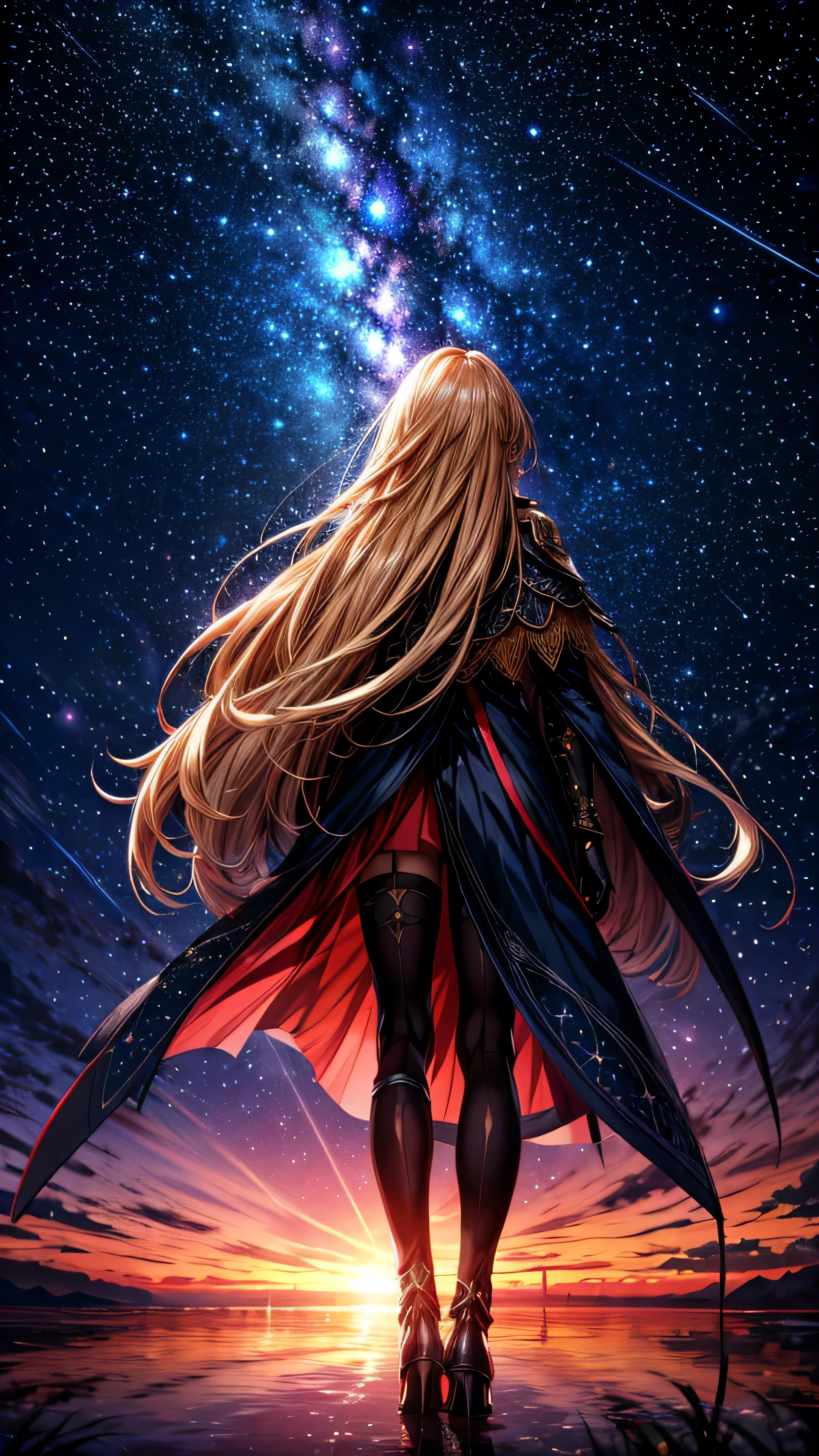 Starry Sky，１people々,　Blonde long hair，Long coat，sword，silhouette， Rear View，Space Sky, Anime Style,masterpiece,best quality,ultra detailed,high-resolution,8k portrait,unity 8k wallpaper,extremely detailed CG unity 8k wallpaper
