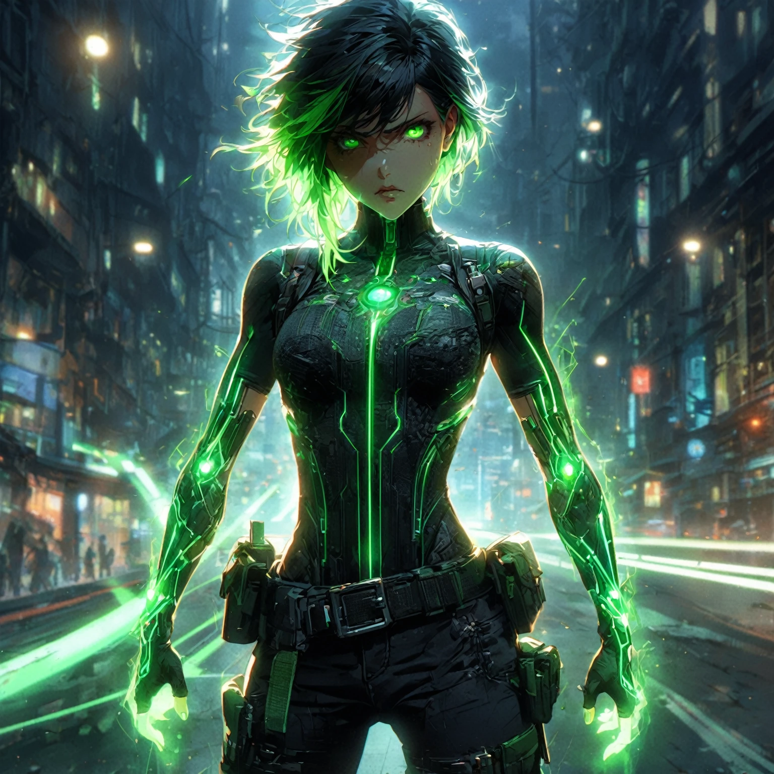 a girl with Slim, athletic build,Short, edgy hair with streaks of neon green,Intense, glowing green eyes,Fitted, (nude:0.9), NSFW, dark top with glowing green circuitry,standing in front of a city,Sleeveless or short-sleeved, showcasing glowing energy patterns on her arms,High-tech harness with energy nodes,Fingerless gloves with energy conduits,Dark, fitted pants with utility pockets,Belt with energy capsules and gadgets,Confident, determined expression,Energetic aura surrounding her hands and body, detailed gorgeous face| anime style| key visual| intricate detail| highly detailed| breathtaking| vibrant| panoramic| cinematic| Carne Griffiths| Conrad Roset| gibbli 8k