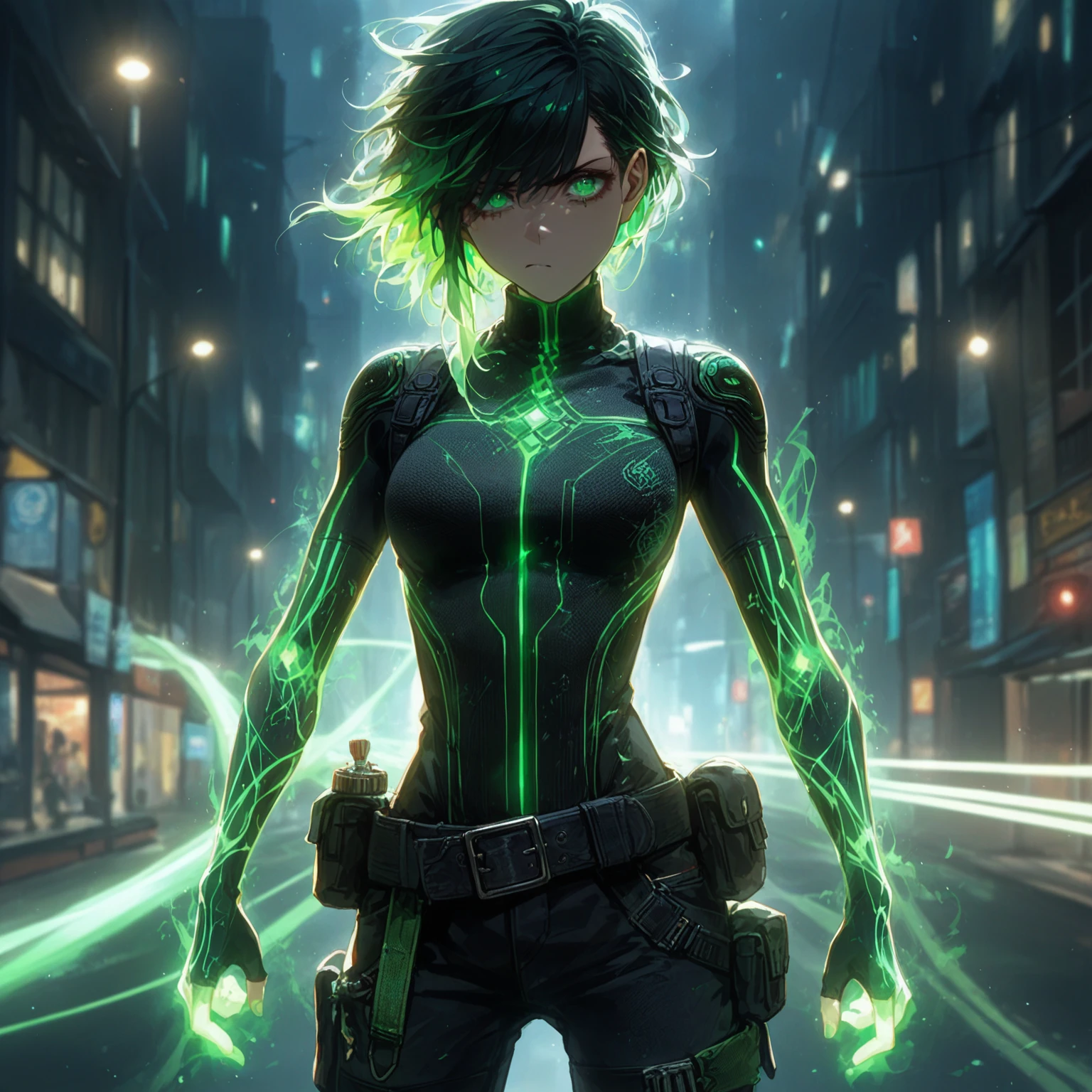 a girl with Slim, athletic build,Short, edgy hair with streaks of neon green,Intense, glowing green eyes,Fitted, (nude:0.9), NSFW, dark top with glowing green circuitry,standing in front of a city,Sleeveless or short-sleeved, showcasing glowing energy patterns on her arms,High-tech harness with energy nodes,Fingerless gloves with energy conduits,Dark, fitted pants with utility pockets,Belt with energy capsules and gadgets,Confident, determined expression,Energetic aura surrounding her hands and body, detailed gorgeous face| anime style| key visual| intricate detail| highly detailed| breathtaking| vibrant| panoramic| cinematic| Carne Griffiths| Conrad Roset| gibbli 8k