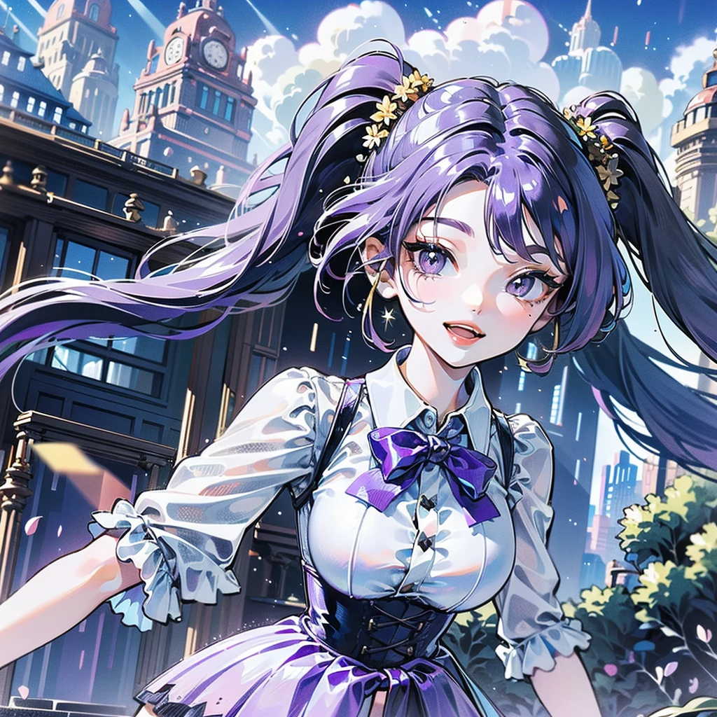 (masterpiece), (HDR), absurdres, (best quality), (ultra high quality), (hi-res), (((cowboy shot))), portrait, (1girl), (((pastel purple eyes))), 1girl, solo, alone, beautiful detailed eyes, teen, (((purple hair))), bangs, short side locks, (big thick twintails), (long straight hair), BREAK, (((two gold hair ties))), ((medium breast)), layered skirt, white collared shirt, ruffles, sleeve cuffs, ((black thighhighs)), (zettai ryouiki), (thin waist), ((thigh gap)), chubby thighs, (happy expression), smile with teeth, (looking at viewer), bend at waist, in the city, outside, buildings, sidewalk, daytime, sunlight on face, noon, bright sun, city scenery, crosswalk, birds