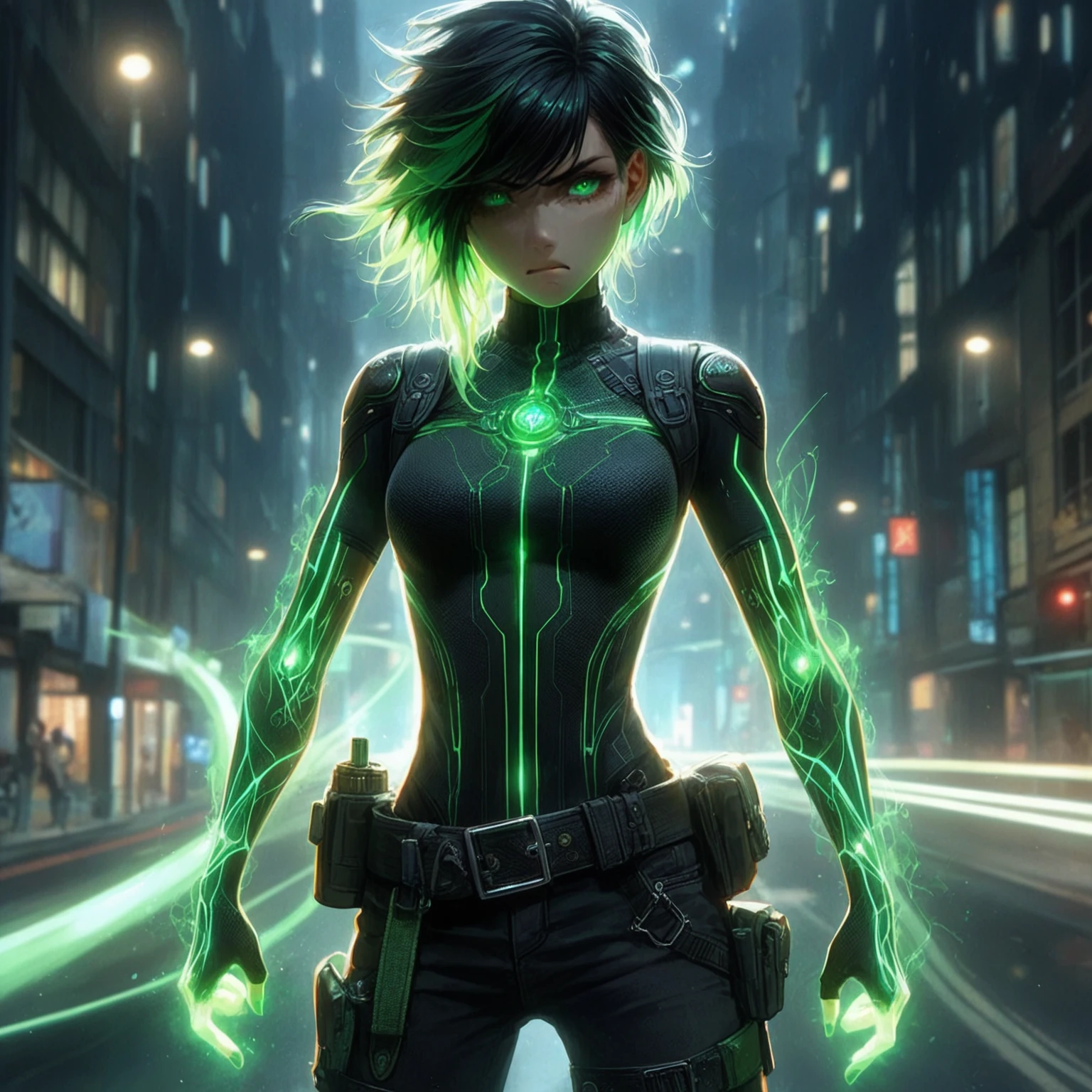 a girl with Slim, athletic build,Short, edgy hair with streaks of neon green,Intense, glowing green eyes,Fitted, (nude:0.9), NSFW, dark top with glowing green circuitry,standing in front of a city,Sleeveless or short-sleeved, showcasing glowing energy patterns on her arms,High-tech harness with energy nodes,Fingerless gloves with energy conduits,Dark, fitted pants with utility pockets,Belt with energy capsules and gadgets,Confident, determined expression,Energetic aura surrounding her hands and body, detailed gorgeous face| anime style| key visual| intricate detail| highly detailed| breathtaking| vibrant| panoramic| cinematic| Carne Griffiths| Conrad Roset| gibbli 8k