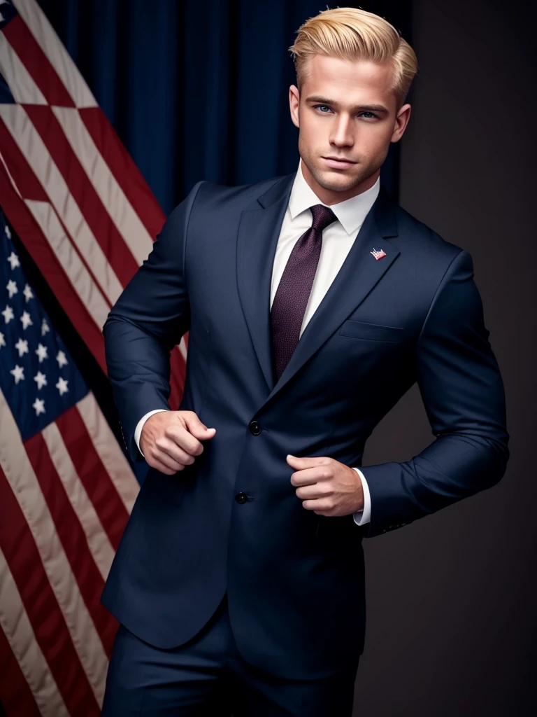 Handsome American man with blonde hair and masculine build. He is wearing a classic dark American suit. There is an American flag in the background.
