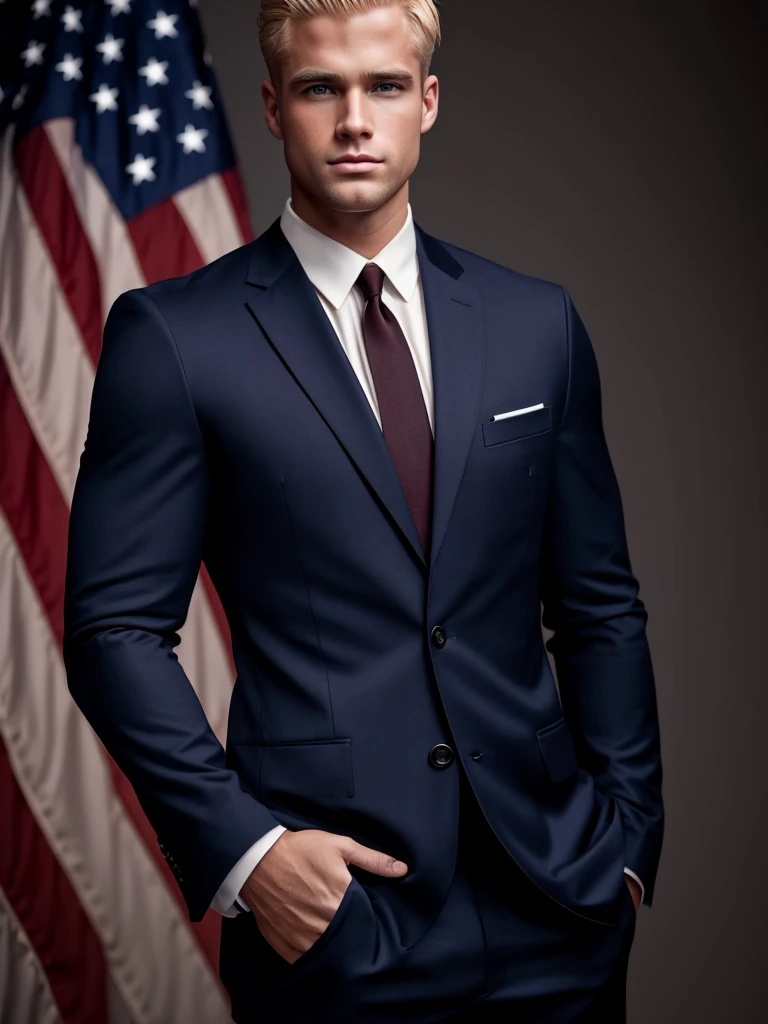 Handsome American man with blonde hair and masculine build. He is wearing a classic dark American suit. There is an American flag in the background.
