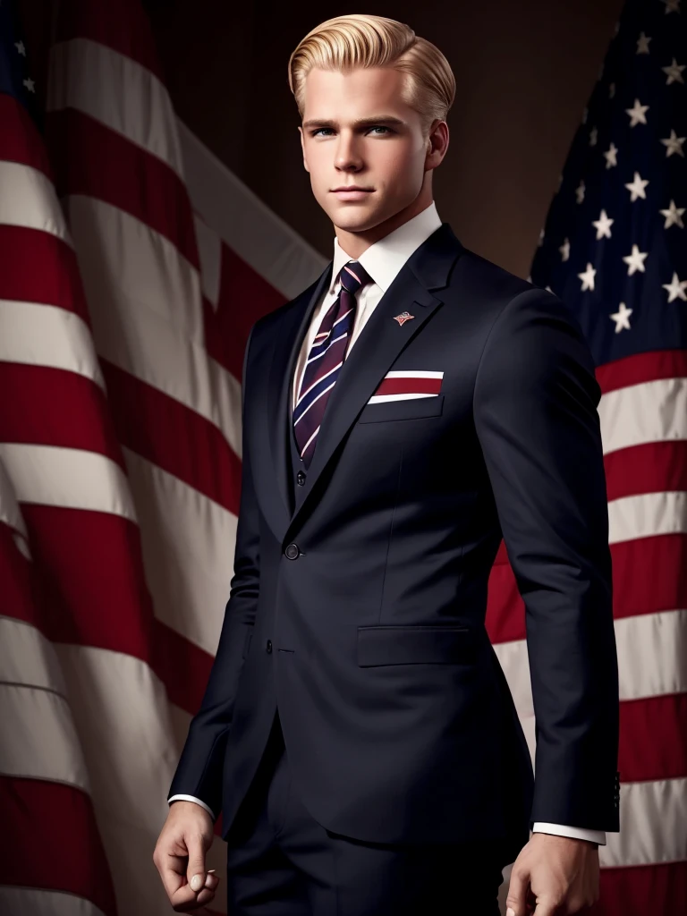 Illustration in the style of Leyendecker: Handsome American man with blonde hair and masculine build. He is wearing a classic dark American suit. There is an American flag in the background.