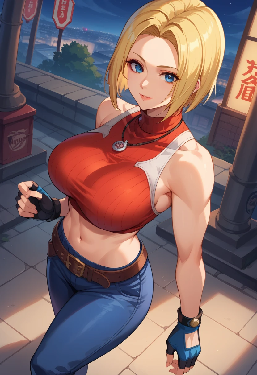 score_9, score_8_up, score_7_up, 1girl, solo, BlueMary, short hair, blue eyes,pants, crop top, turtleneck, belt, large breasts, fingerless gloves, necklace, standing, standing, lying on floor, on side, flirtatious smile, looking at you, night, street, illimunated city, from above