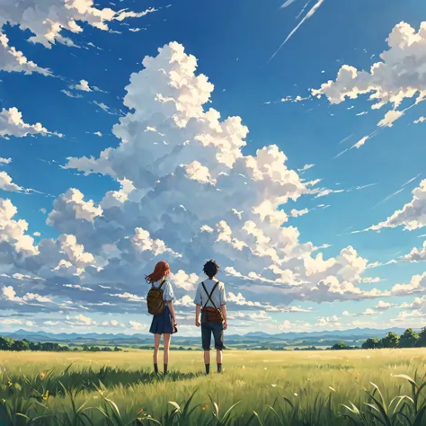 anime, anime landscape, beautiful hair, boyfridend girlfrien sweet, looking at clouds, in a grassland, creative, realist, white ...