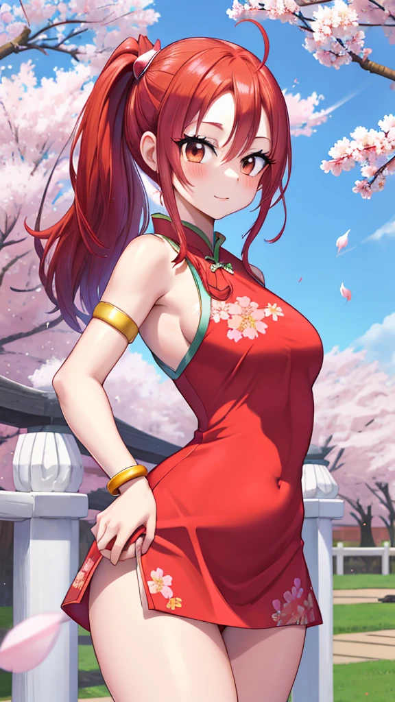 realisitic, fotorrealisitic,cowboy shot,work of art, absurderes, (colorfully), 1 girl, haruno sakura, forehead mark, red hair band, Detailed Chinese minidress, へそ, crotch, bracelet, looking ahead at viewer, Ruddy face, ssmile, Cherry blossoms, private garden, Tuuli, floating hair, large breasted, (((Broad Hips))), toned body, detailedeyes, dynamic pose,