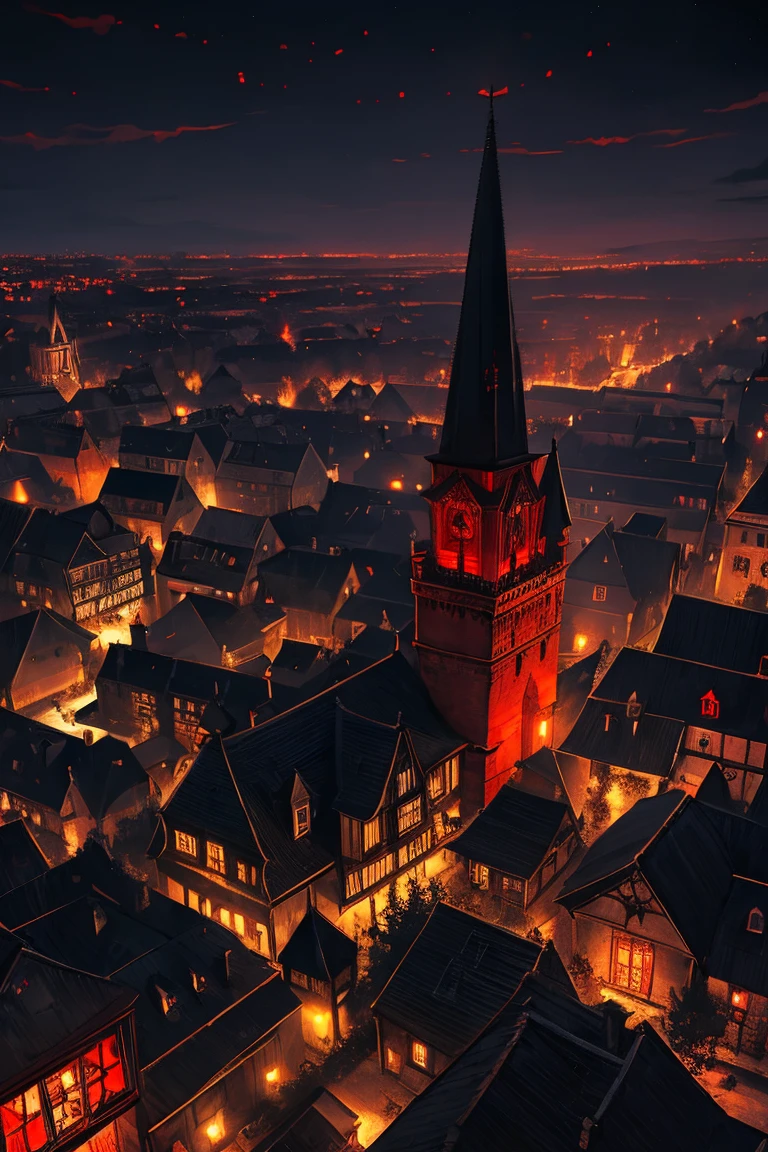 old European village shot with bird view, (Red glowing eyes), masterpiece, Depth of written boundary, Lutz, Gwaites style artwork, Gothic aesthetics, Dark Vampire village, ((in the dark gothic style cathle:1)), ((dark mid-night time:1.5)),