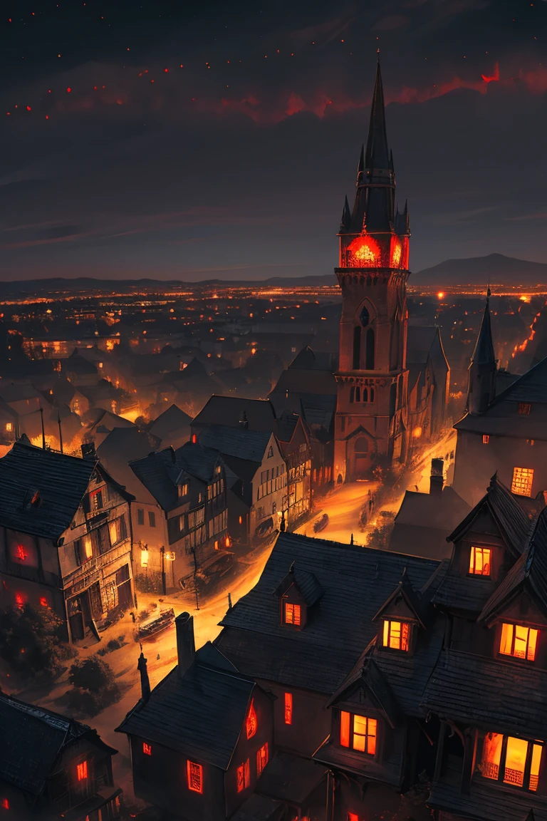 old European village shot with bird view, (Red glowing eyes), masterpiece, Depth of written boundary, Lutz, Gwaites style artwork, Gothic aesthetics, Dark Vampire village, ((in the dark gothic style cathle:1)), ((dark mid-night time:1.5)),