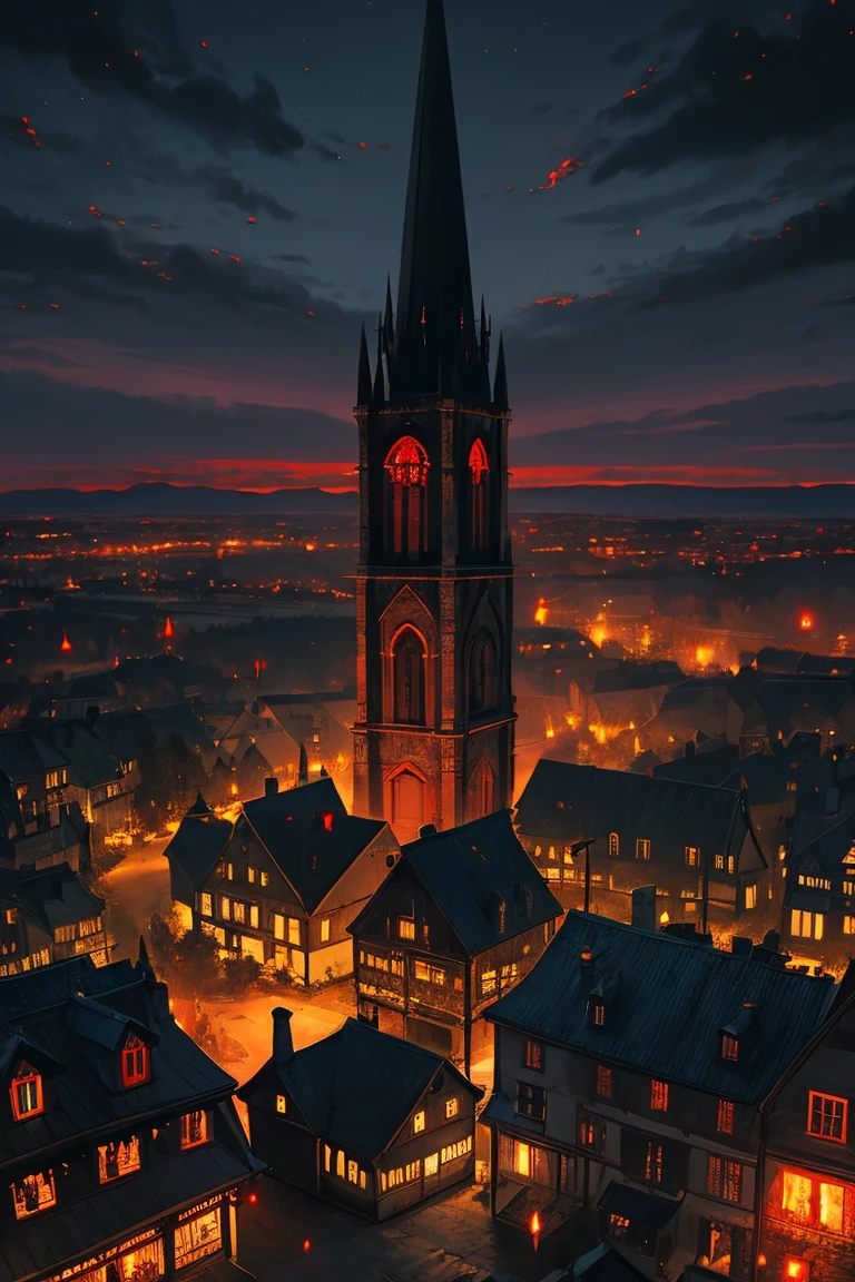 old European village shot with bird view, (Red glowing eyes), masterpiece, Depth of written boundary, Lutz, Gwaites style artwork, Gothic aesthetics, Dark Vampire village, ((in the dark gothic style cathle:1)), ((dark mid-night time:1.5)),