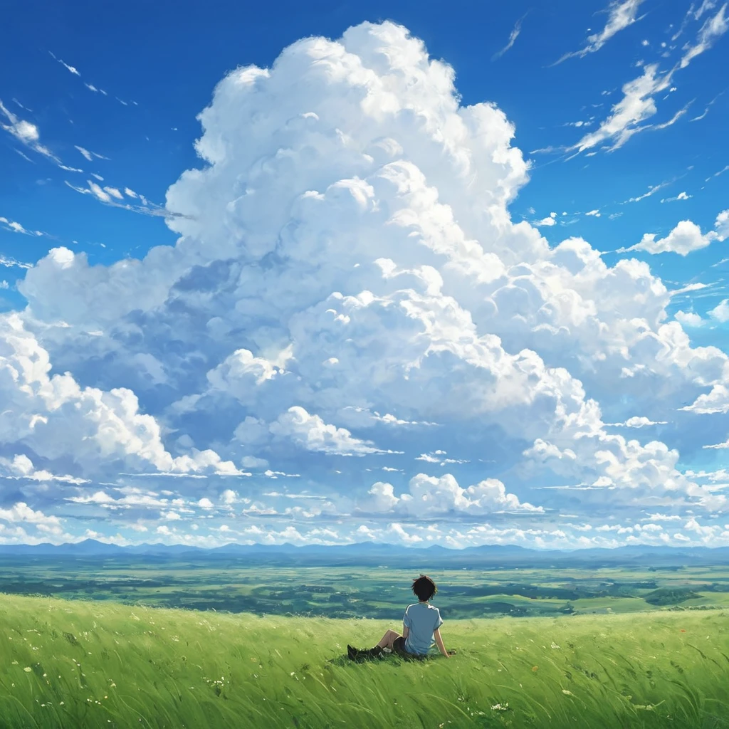 anime, anime landscape, beautiful hair, boyfridend girlfrien sweet, looking at clouds, in a grassland, creative, realist, white clouds, blue sky, landscape amazing, guy looking away from camera, wide photo