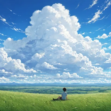 anime, anime landscape, beautiful hair, boyfridend girlfrien sweet, looking at clouds, in a grassland, creative, realist, white ...