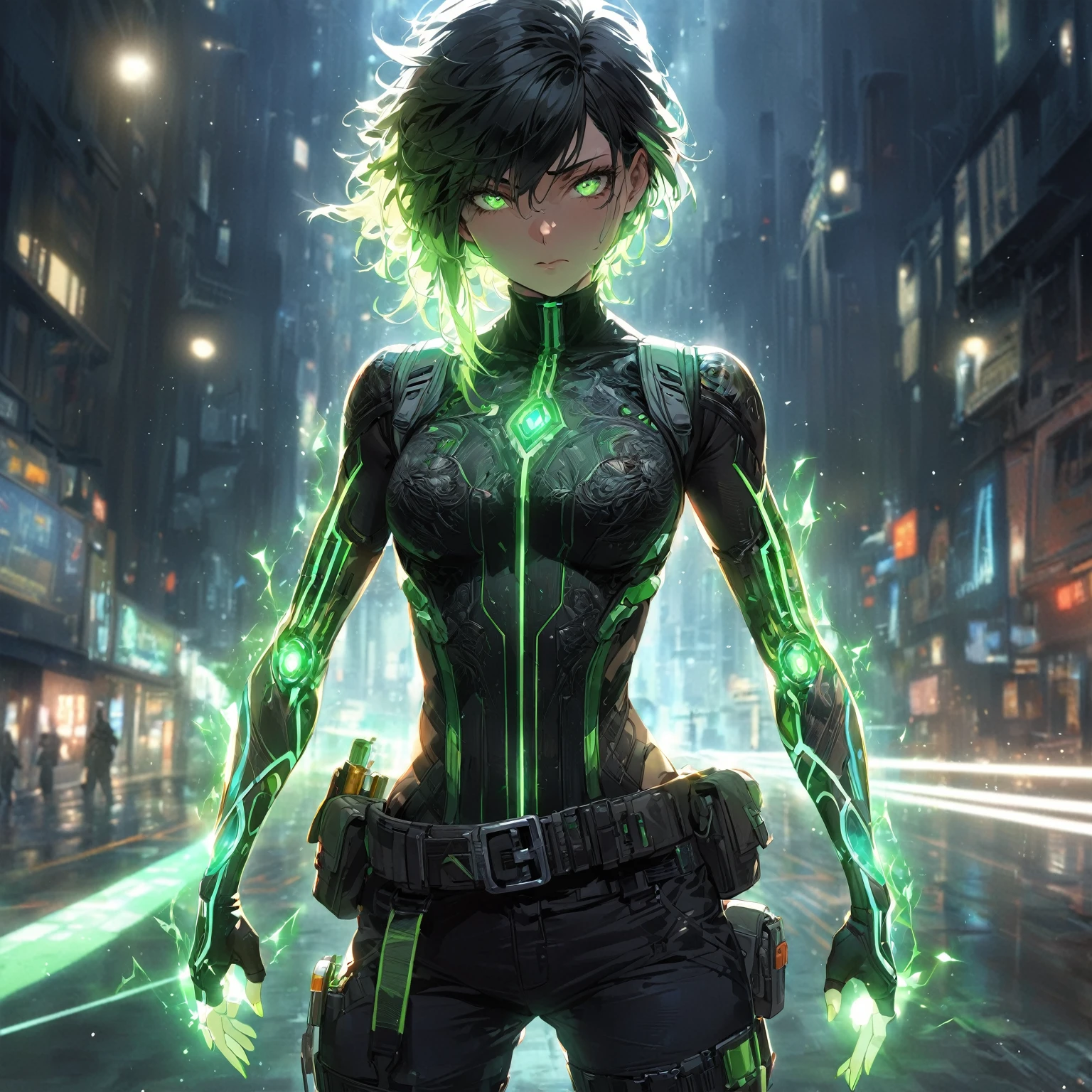 a girl with Slim, athletic build,Short, edgy hair with streaks of neon green,Intense, glowing green eyes,Fitted, (nude:0.9), NSFW, dark top with glowing green circuitry,standing in front of a city,Sleeveless or short-sleeved, showcasing glowing energy patterns on her arms,High-tech harness with energy nodes,Fingerless gloves with energy conduits,Dark, fitted pants with utility pockets,Belt with energy capsules and gadgets,Confident, determined expression,Energetic aura surrounding her hands and body, detailed gorgeous face| anime style| key visual| intricate detail| highly detailed| breathtaking| vibrant| panoramic| cinematic| Carne Griffiths| Conrad Roset| gibbli 8k