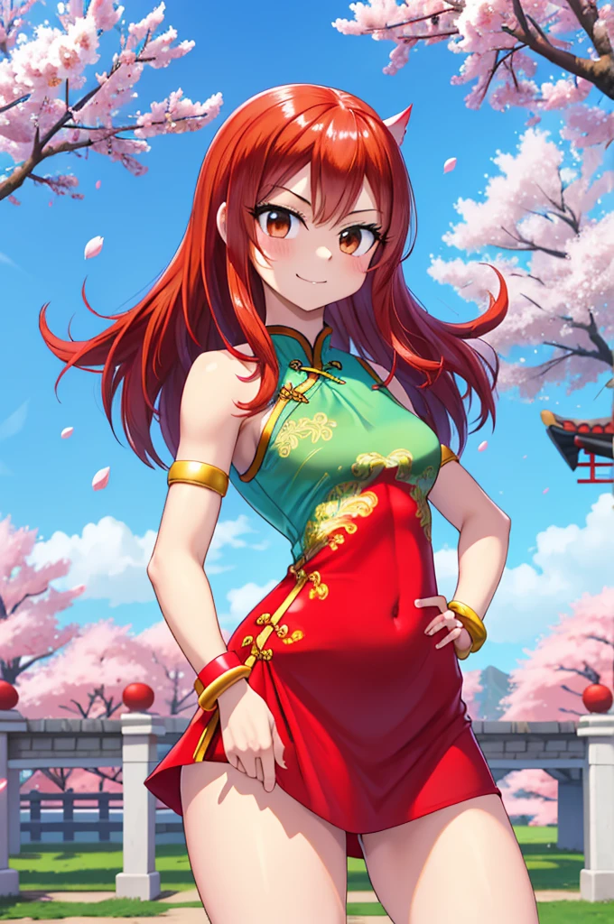 realisitic, fotorrealisitic,cowboy shot,work of art, absurderes, (colorfully), 1 girl, Wendy Marvell, forehead mark, red hair band, Detailed Chinese minidress, へそ, crotch, bracelet, looking ahead at viewer, Ruddy face, ssmile, Cherry blossoms, private garden, Tuuli, floating hair, large breasted, (((Broad Hips))), toned body, detailedeyes, dynamic pose,
