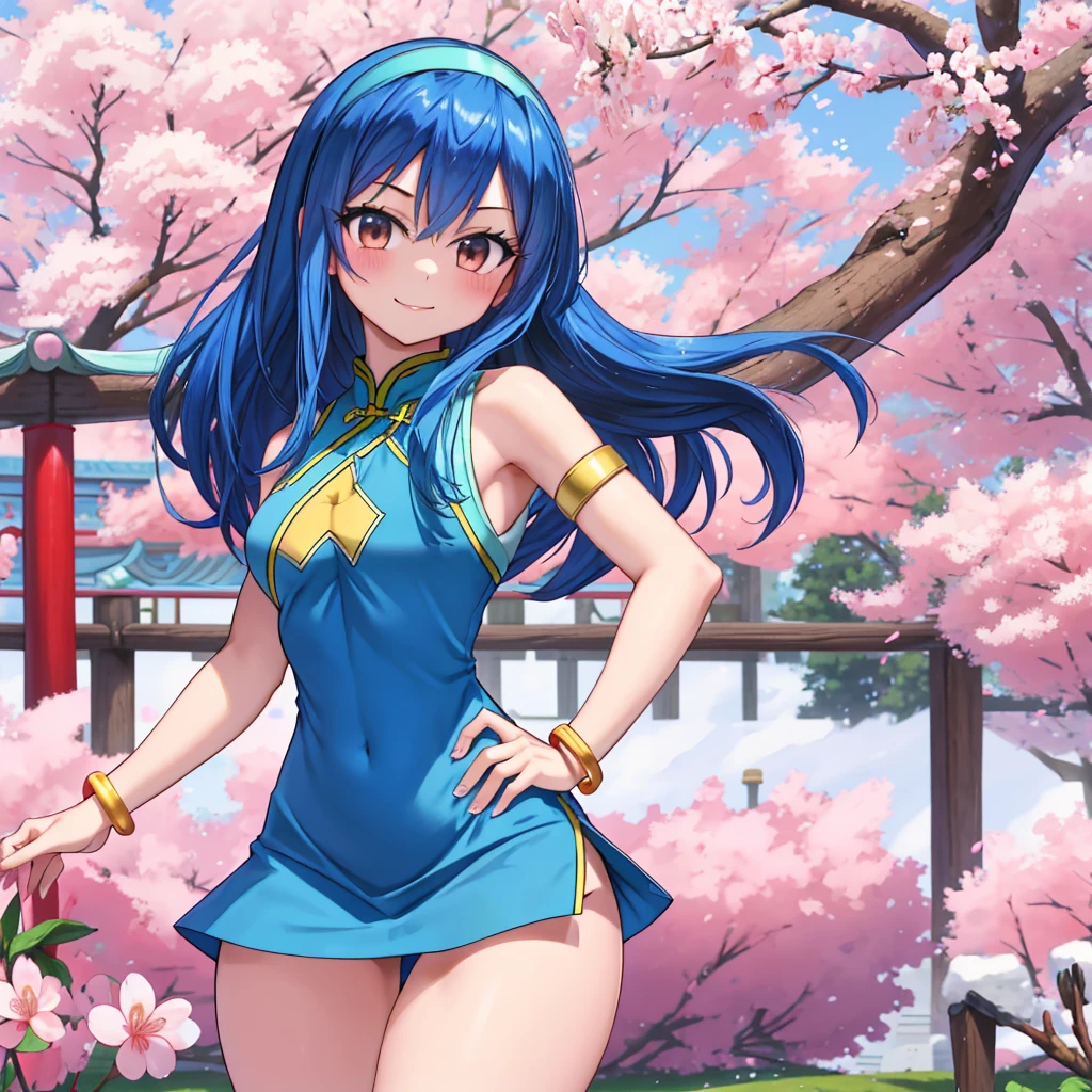 realisitic, fotorrealisitic,cowboy shot,work of art, absurderes, (colorfully), 1 girl, Wendy Marvell, forehead mark, blue hairband, Detailed Chinese minidress, へそ, crotch, bracelet, looking ahead at viewer, Ruddy face, ssmile, Cherry blossoms, private garden, Tuuli, floating hair, large breasted, (((Broad Hips))), toned body, detailedeyes, dynamic pose,
