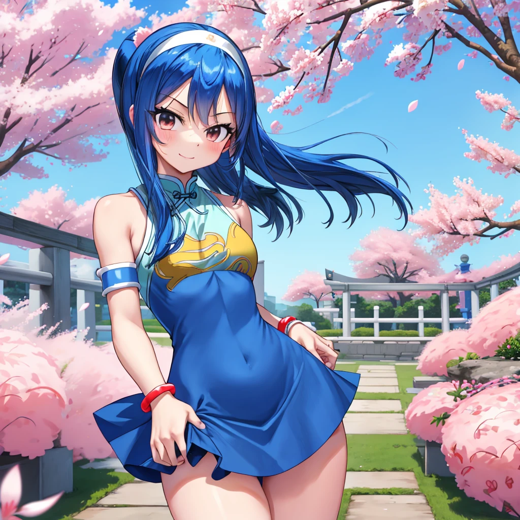 realisitic, fotorrealisitic,cowboy shot,work of art, absurderes, (colorfully), 1 girl, Wendy Marvell, forehead mark, blue hairband, Detailed Chinese minidress, へそ, crotch, bracelet, looking ahead at viewer, Ruddy face, ssmile, Cherry blossoms, private garden, Tuuli, floating hair, large breasted, (((Broad Hips))), toned body, detailedeyes, dynamic pose,
