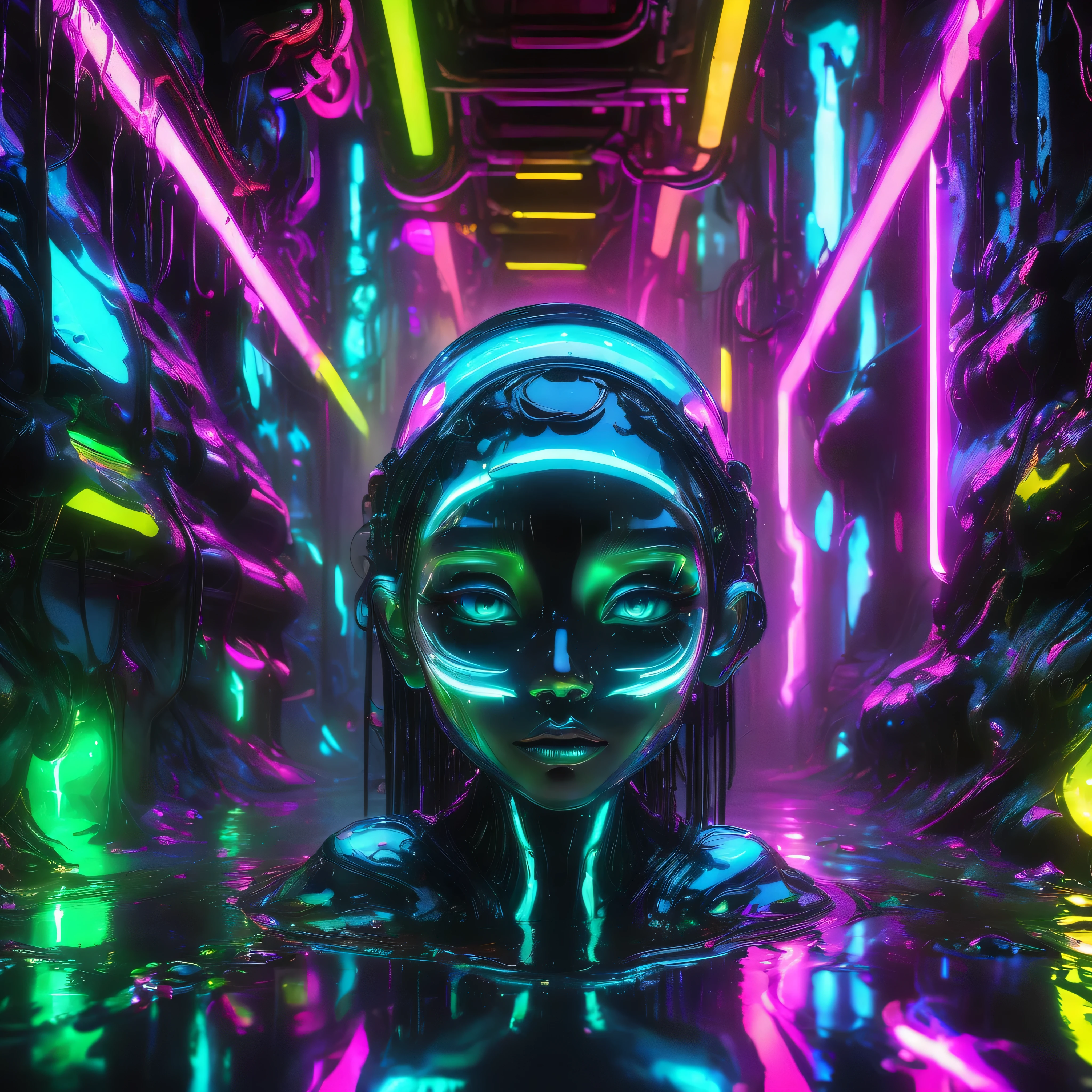  1 Metal Slime、liquid metal、Detailed metal face、Beautiful metal eyes、Detailed metal lips、Beautifully detailed metal woman、Melting Body、Gorgeous futuristic dungeon environments、Shining neon lights、Very detailed、8k、Photorealistic、Dramatic lighting、Cinematic composition、Bright colors、Dark and gloomy atmosphere、Techno-Organic、sf、cyber punk