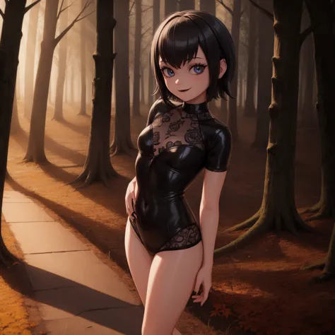 mavis, 1 girl, full body, standing in woods, cute body, nice legs, black lipstick, gothic, dark autumn woods, masterpiece, detai...