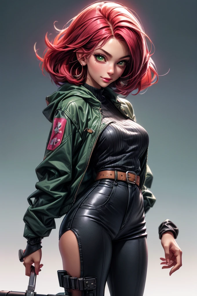 ((long shot:1.6)), unreal engine:1.4, Ultra realist CG K, photorealistic:1.4, skin texture:1.4, ((artwork 1 young woman full body:1.5)), ((red hair green eyes, full lips and a sensual smile:1.5)), punk style hairstyle with shaved side, tattoos, Pistol gatling, box, looking at the viewer, dynamic pose, hits, ammunition belt, gloves, large breasts not disproportionate, shooting , extremely detailed:1.4, more detailed, optical mix, playful patterns, animated texture, unique visual effect, rosa leather mini skirt, pink jacket, masterpiece, ((colors, cian, green, rosa, Brown: 1.2)), ( (Realistic 8k digital art..)), 32K